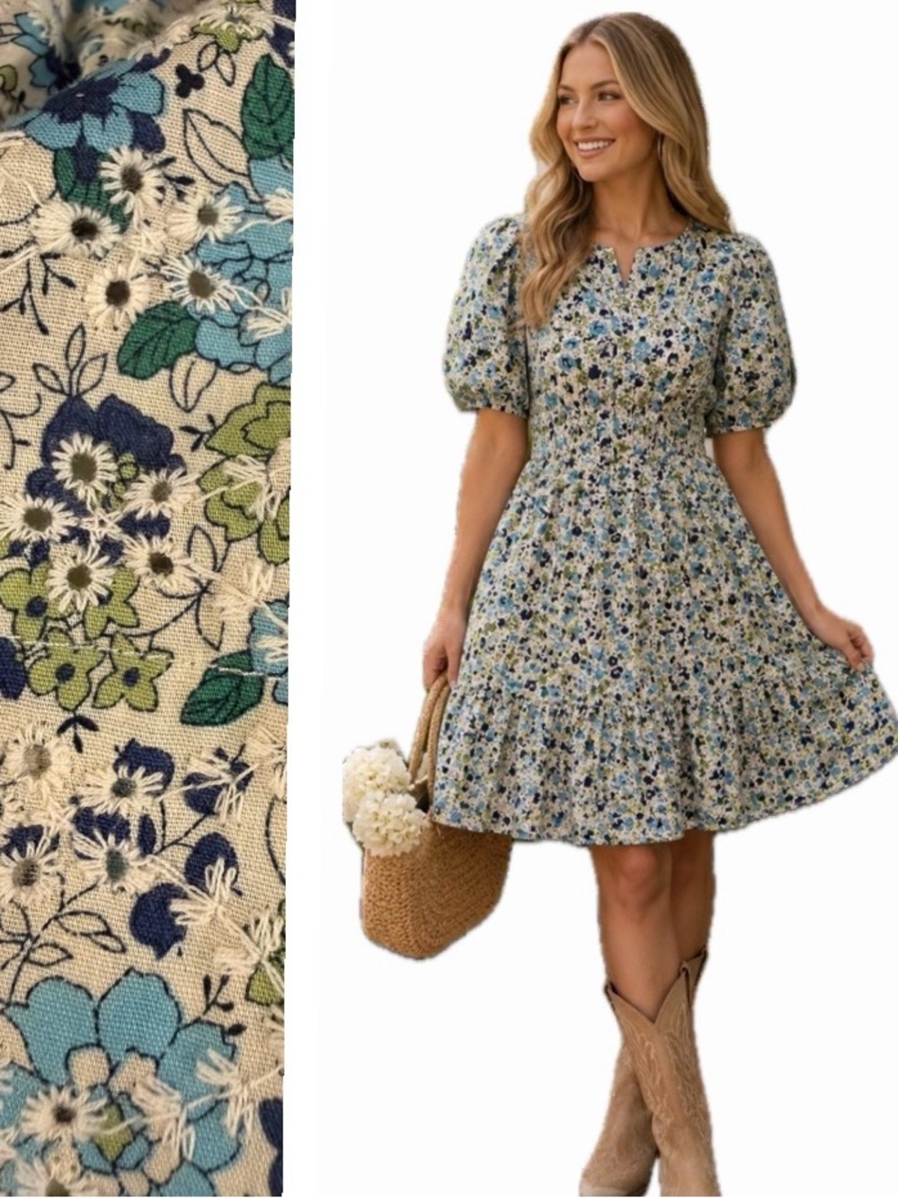 AVARA , Blue Floral Embroidered Cotton Dress, Size Large EUC